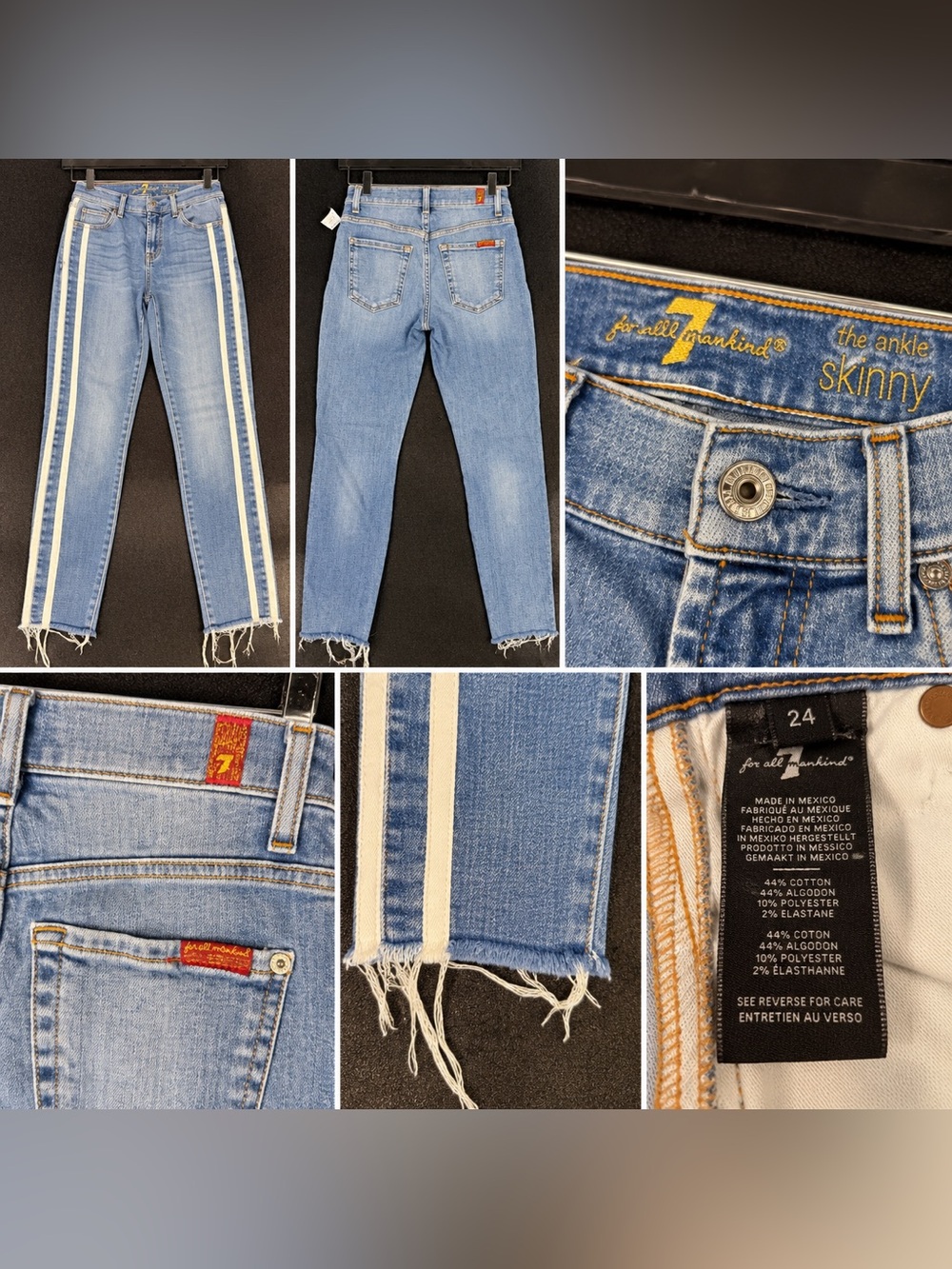 7 For All Mankind The Ankle Skinny Jeans Size 24 Blue White Side Stripe Raw Hem